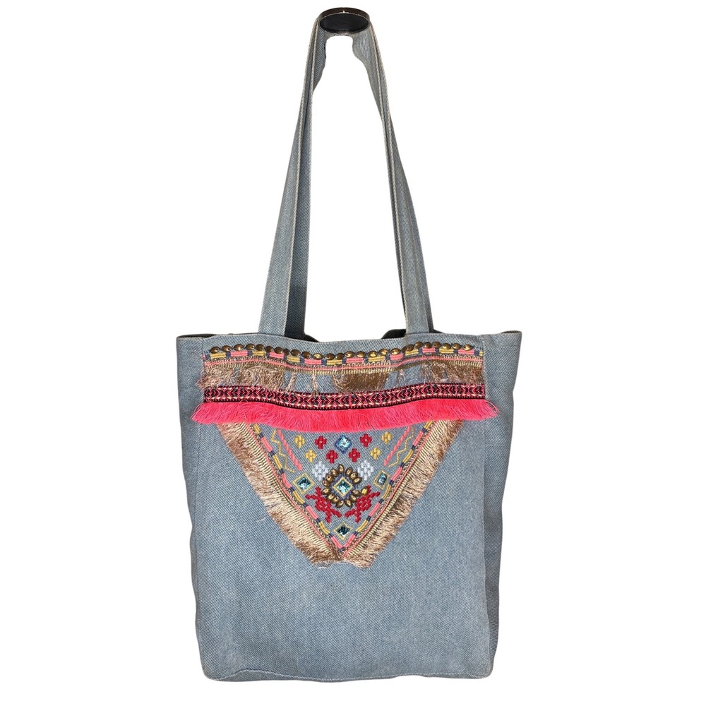 Marks & Spencer Women's Blue Denim Tote Bag Boho Embroidered Fringe OS Excellent